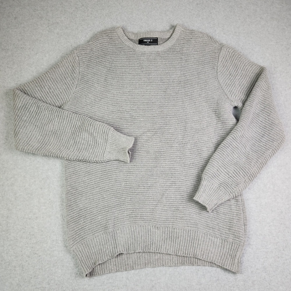 Forever 21 Sweater Mens Large Gray Ribbed Knit Stretch Cotton Crew Neck Pullover